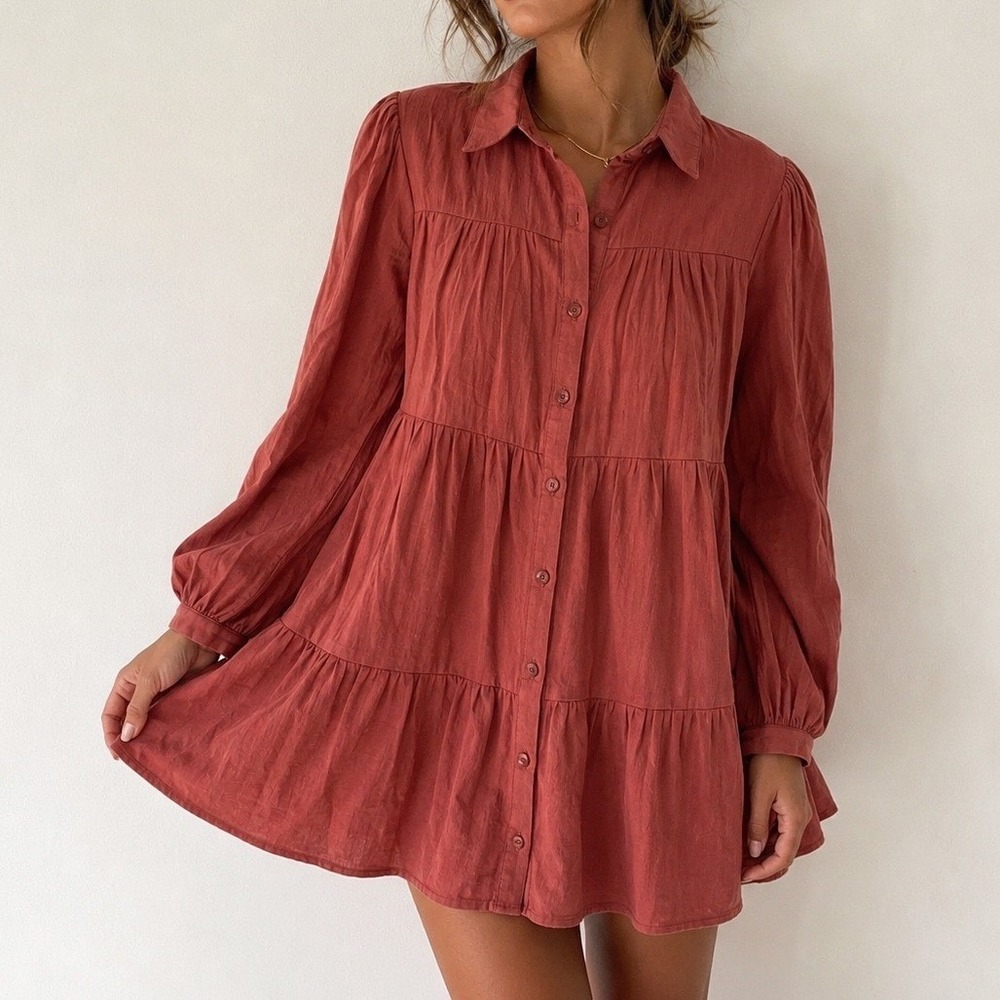 Mi Ami Womens Terracotta Rose Tiered Babydoll Shirt Dress Long Sleeve‎ Mini XS